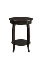 Front view of Alysa Black Accent Table with 1 drawer and bottom shelf. Round black wood design with curved legs for stylish storage.