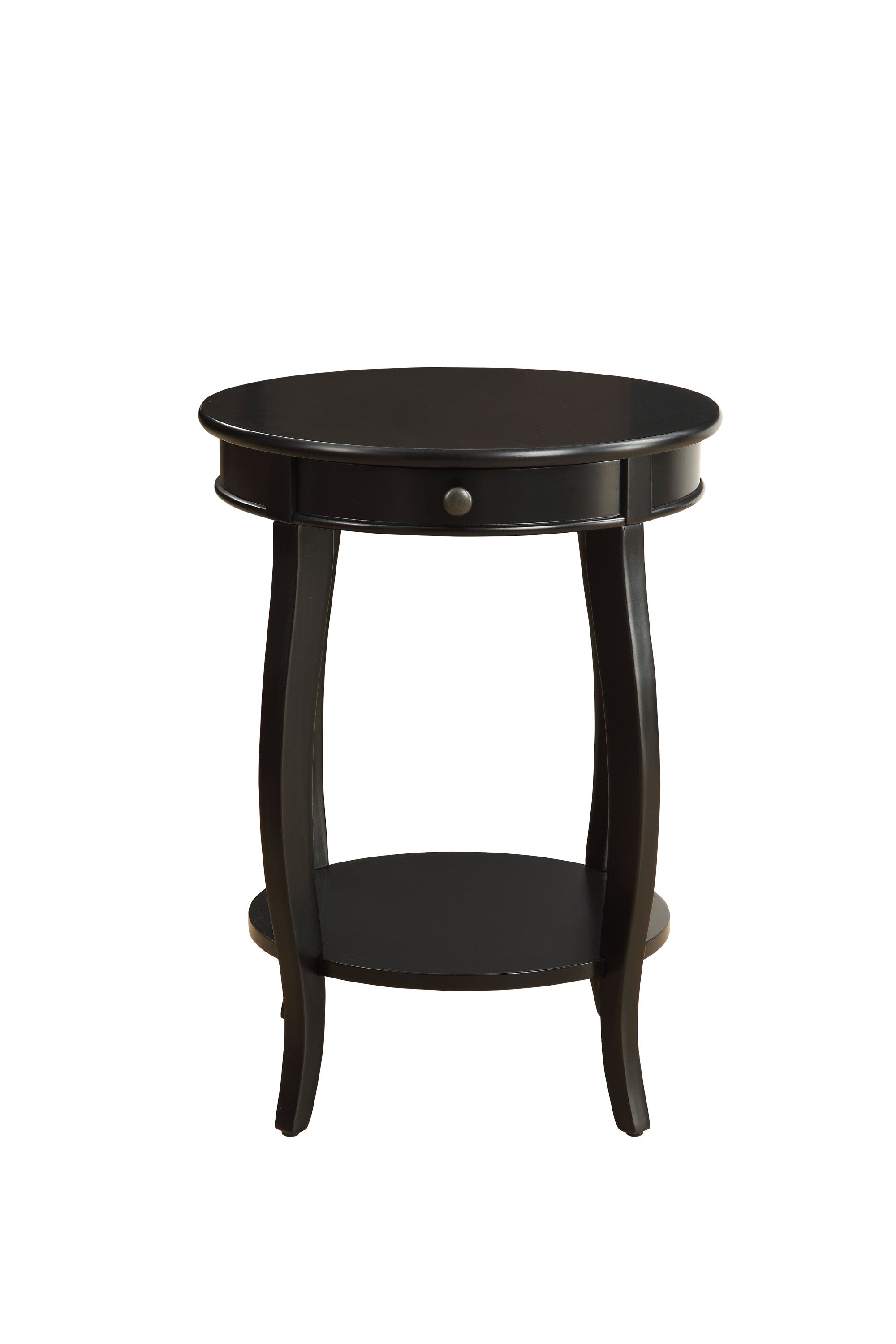 Front view of Alysa Black Accent Table with 1 drawer and bottom shelf. Round black wood design with curved legs for stylish storage.