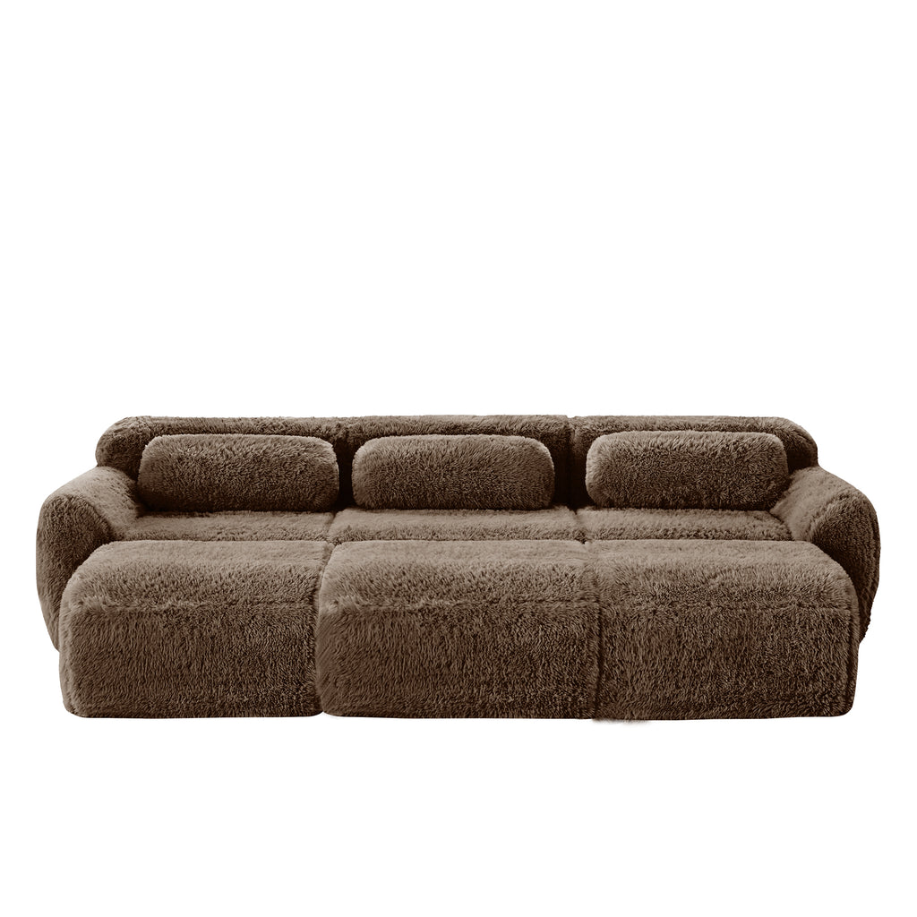 Front view of chocolate modular sofa 3-seater plush fabric with movable ottoman, showcasing its cozy and spacious seating.