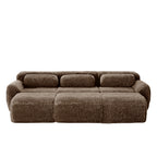 Front view of chocolate modular sofa 3-seater plush fabric with movable ottoman, showcasing its cozy and spacious seating.