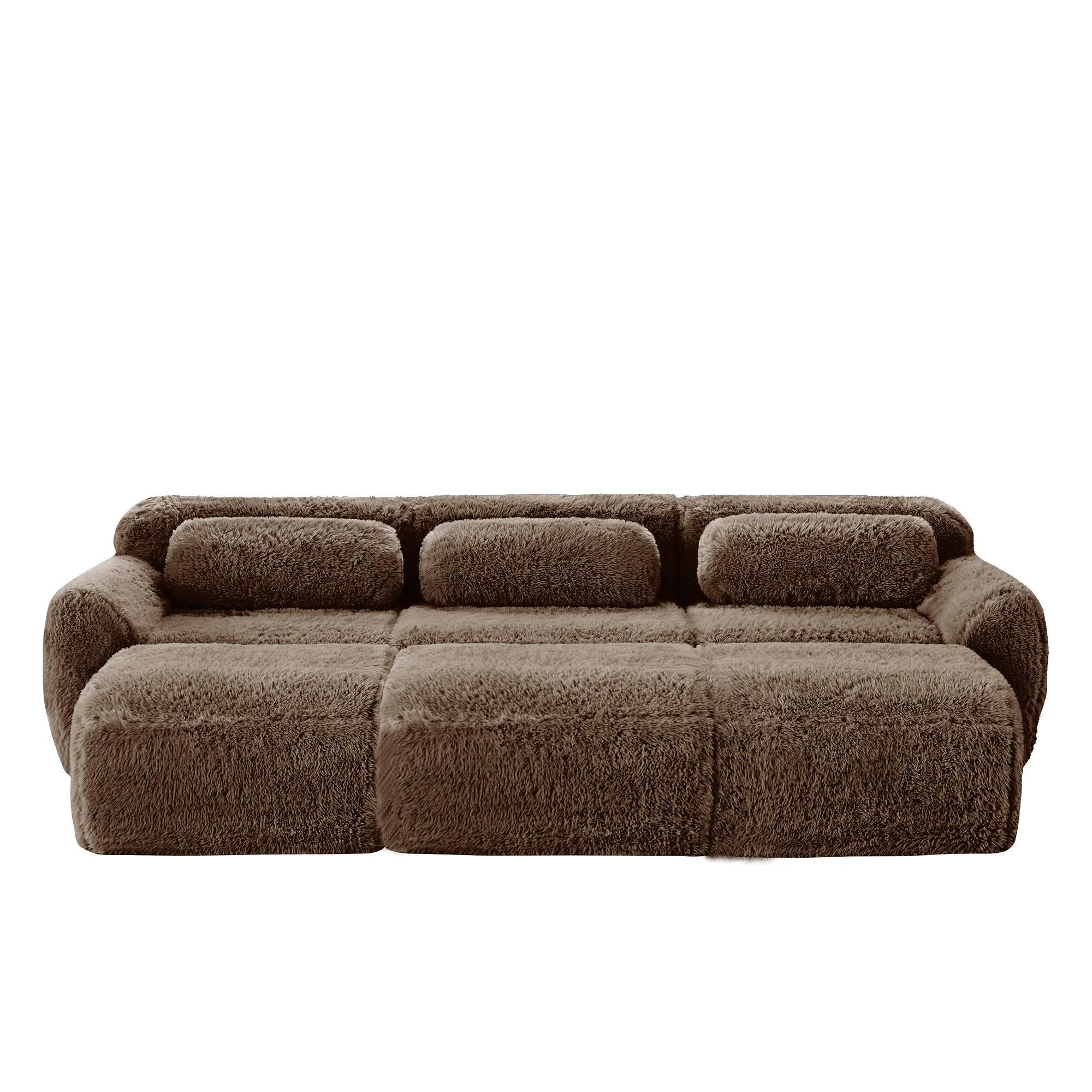 Front view of chocolate modular sofa 3-seater plush fabric with movable ottoman, showcasing its cozy and spacious seating.