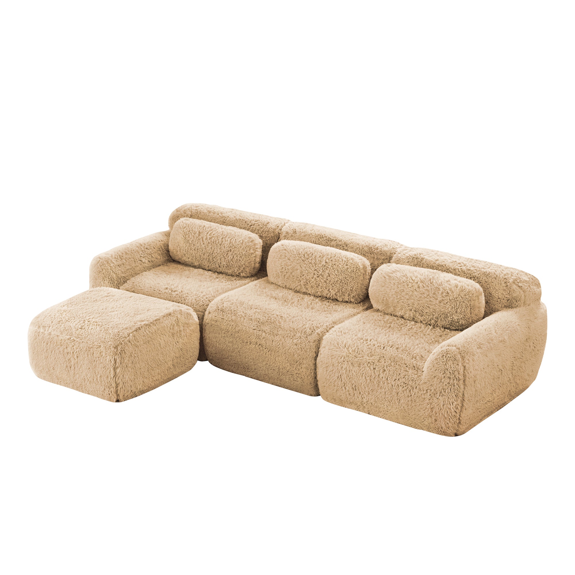 Angled view of modular sectional sofa in plush fabric with ottoman. Versatile layout and no assembly required.