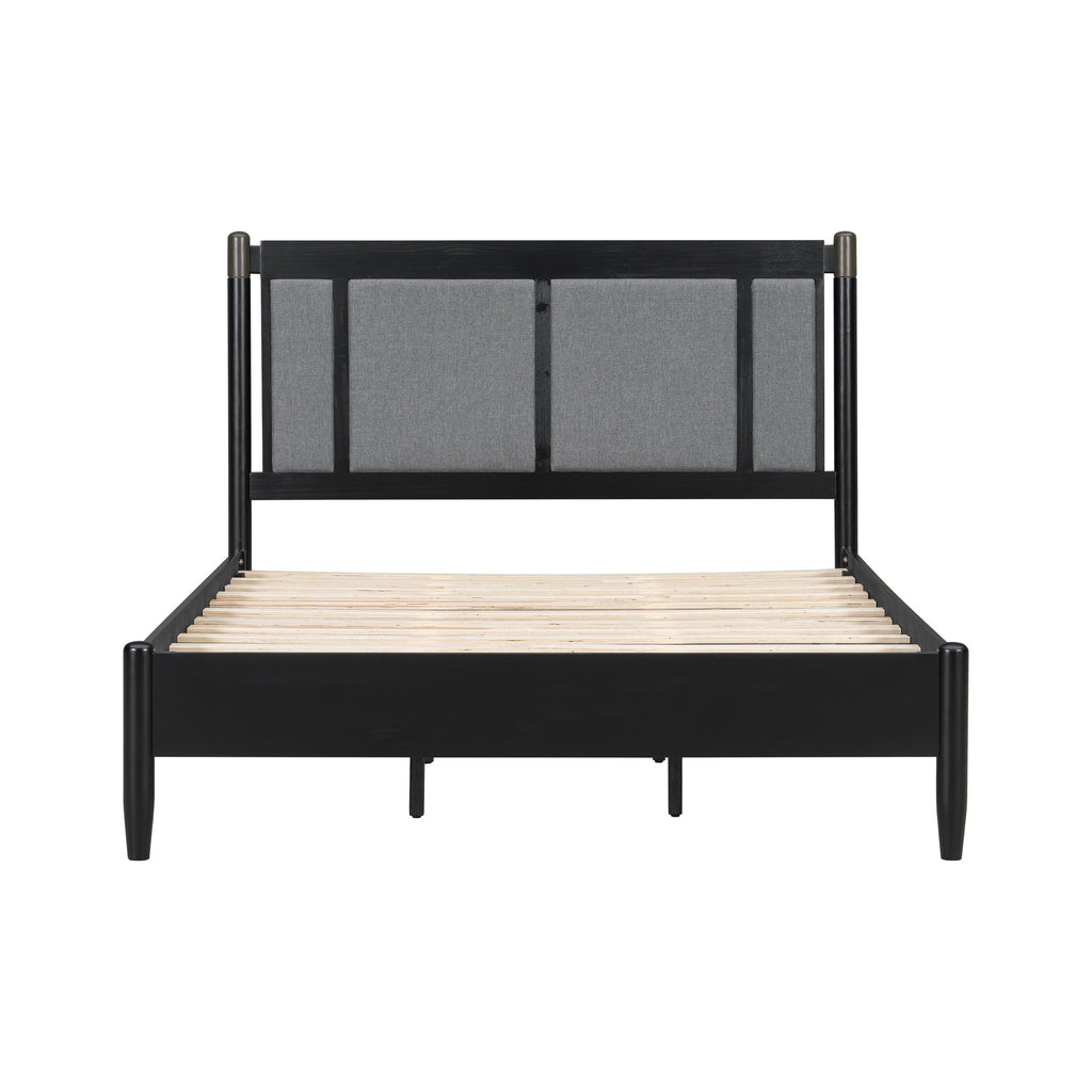 Solid Wood Queen Bed - Heavy Duty, Support 500 lbs - Black Headboard.