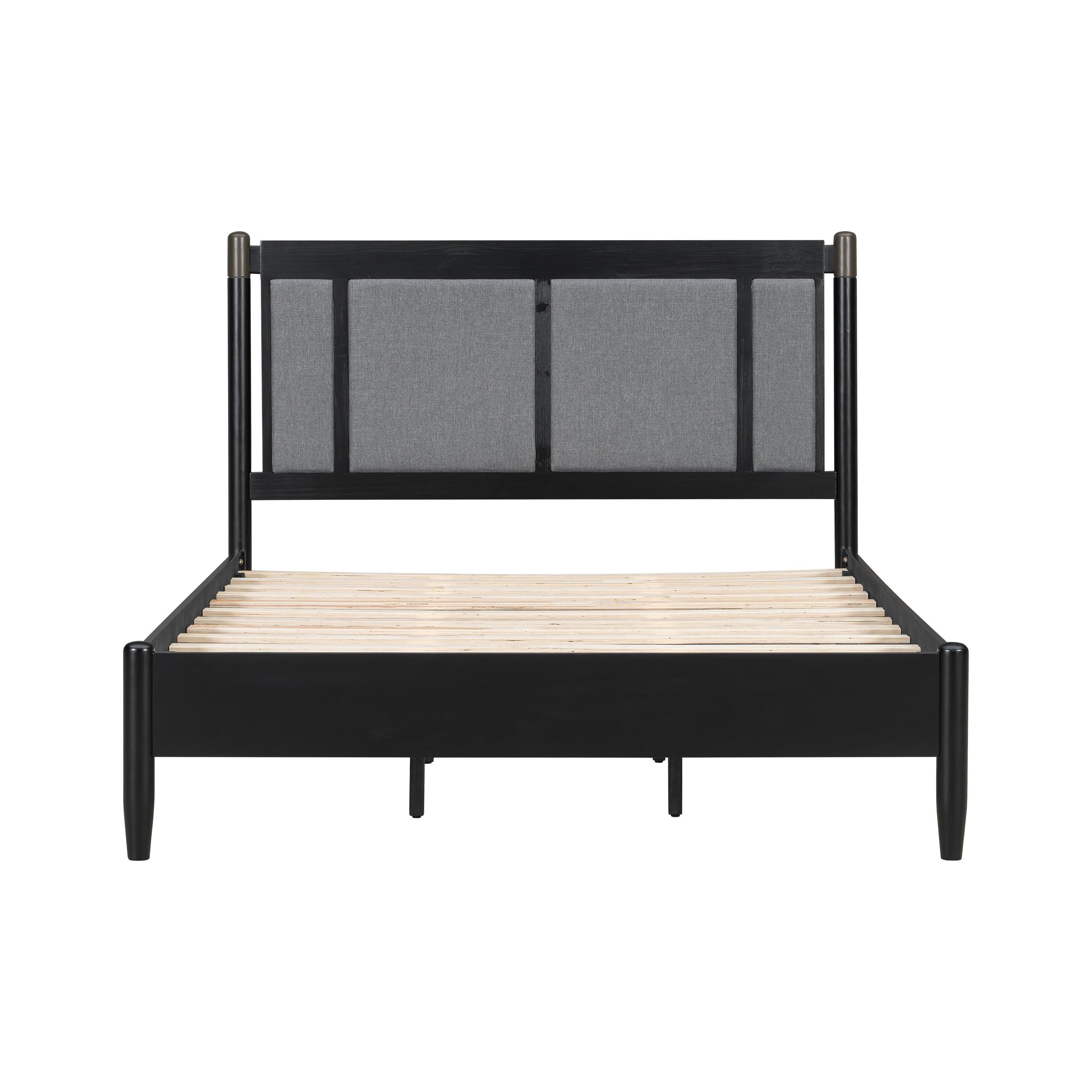 Solid Wood Queen Bed - Heavy Duty, Support 500 lbs - Black Headboard.