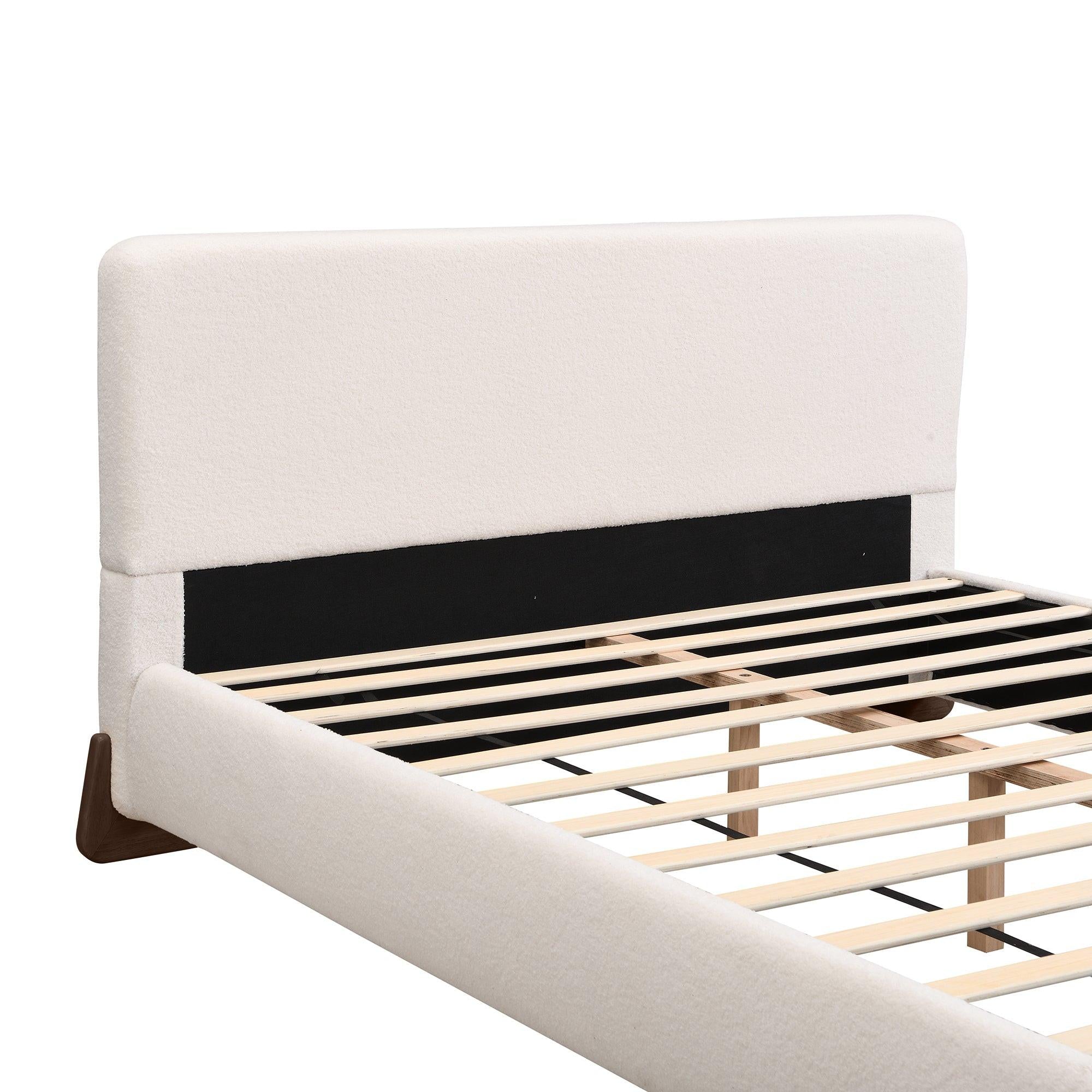 White Upholstered Queen Bed with Solid Wood Legs.