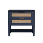 Boho navy blue nightstand with two rattan-front drawers, gold handles, and an open bottom storage shelf.