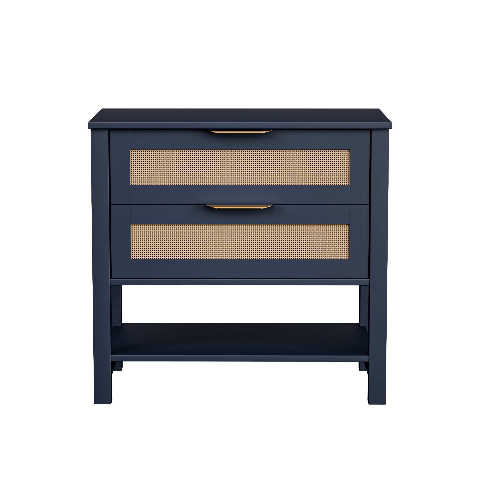 Boho navy blue nightstand with two rattan-front drawers, gold handles, and an open bottom storage shelf.