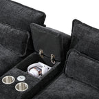 Close-up of center console on Modern U-Shaped Sectional Sofa with USB ports, cup holders, and storage compartment holding headphones and magazine.