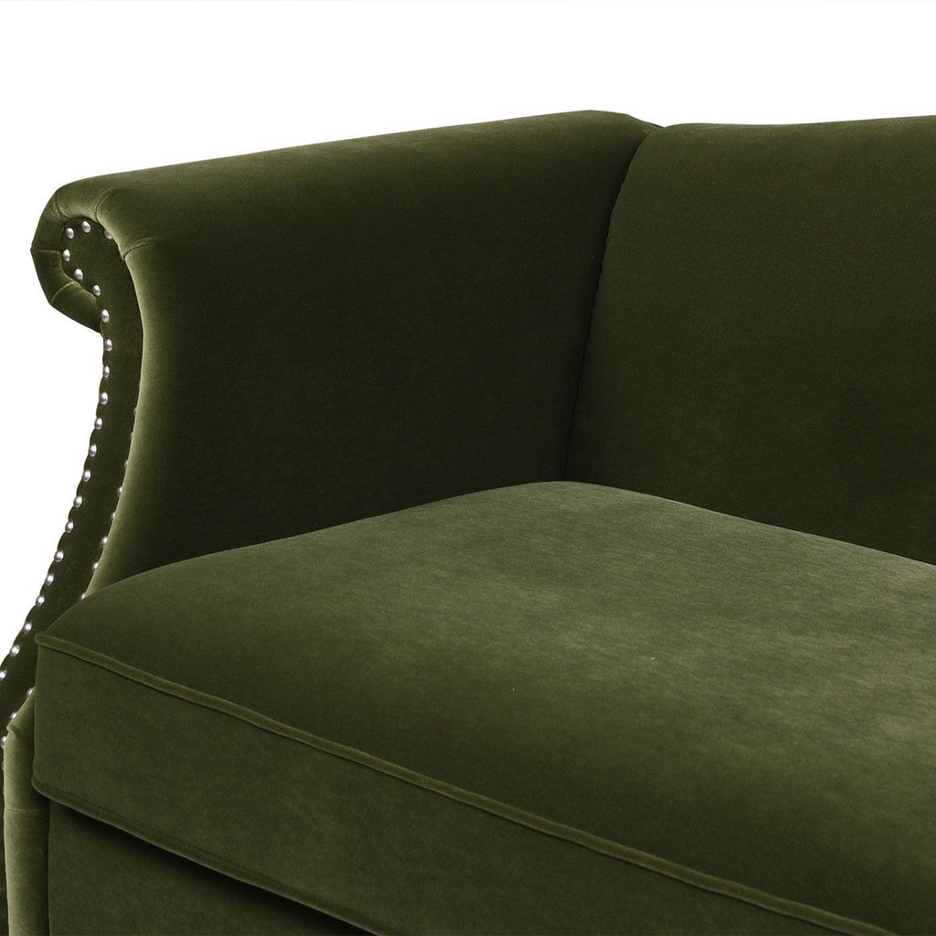 Elaine 77' Small Space Sofa in Olive Green Velvet.
