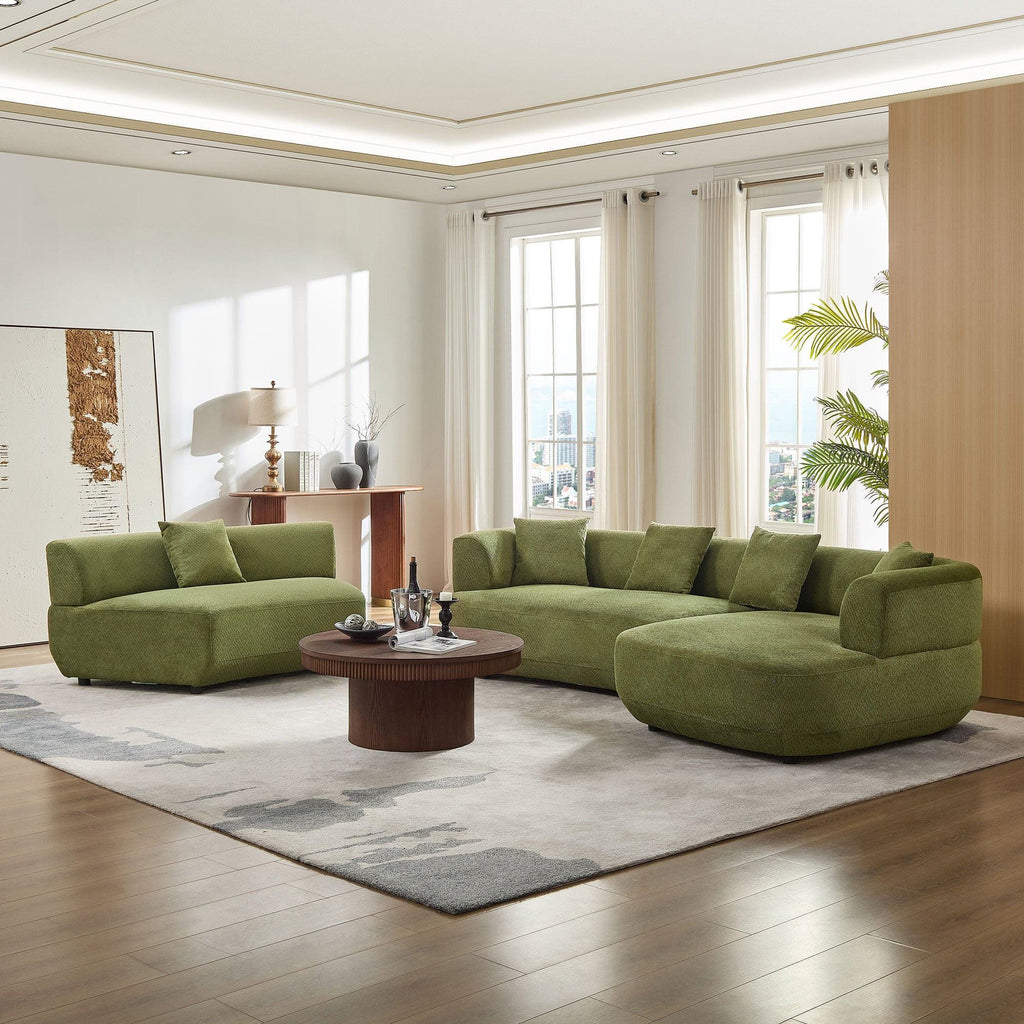 155.91 inch Curved Green Sectional Sofa with 5 Pillows.