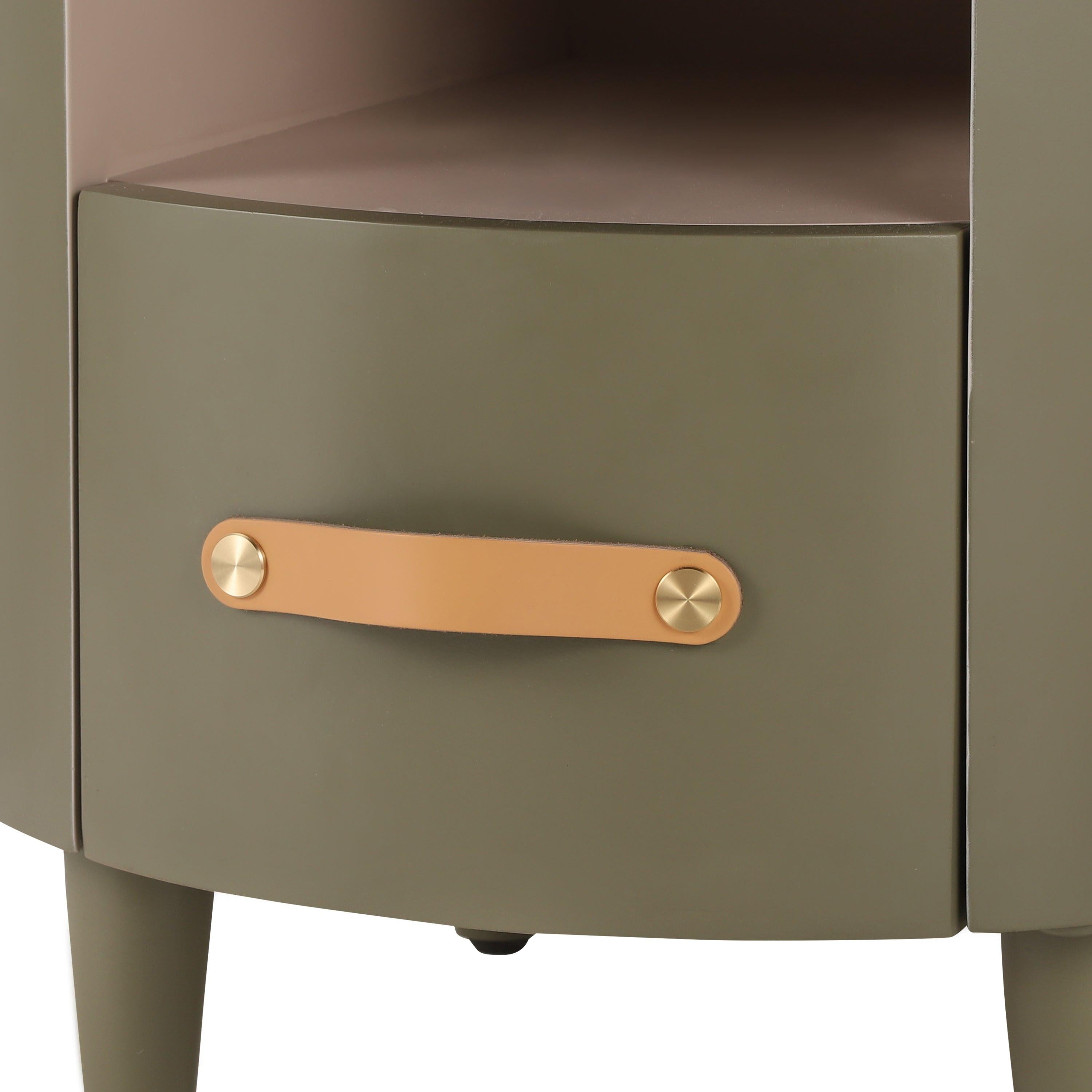 Modern Round Nightstand with Storage Drawer & Shelf.