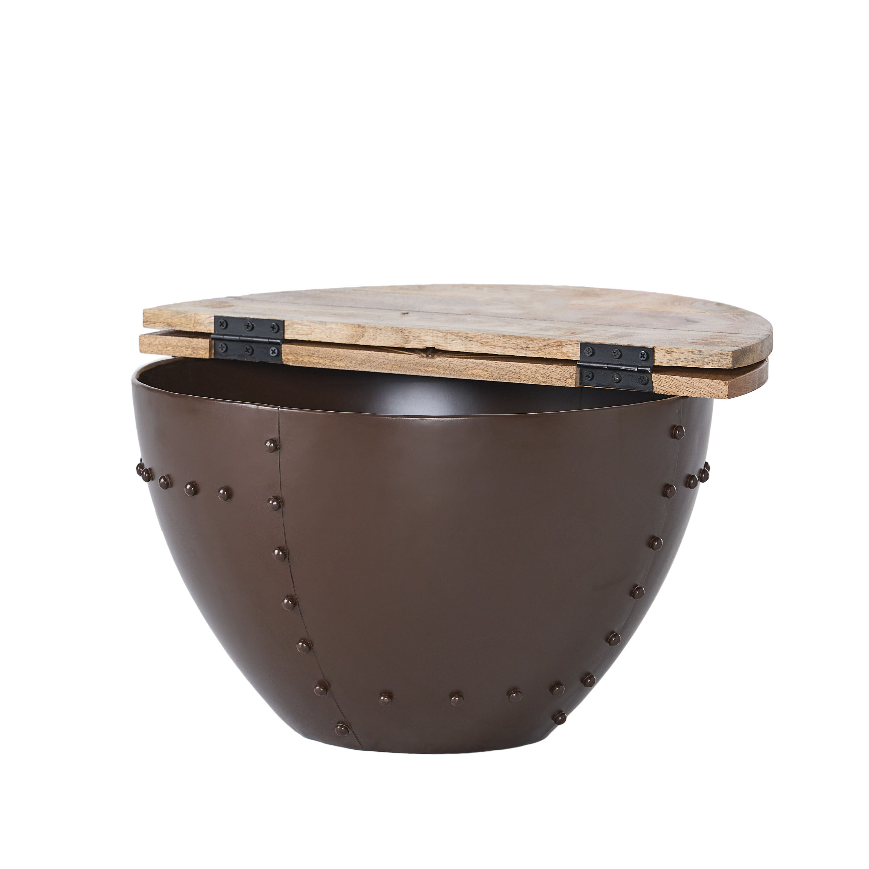 Wooden & Iron Coffee Table - Modern Industrial design with hinged wooden lid partially open to show hidden storage.