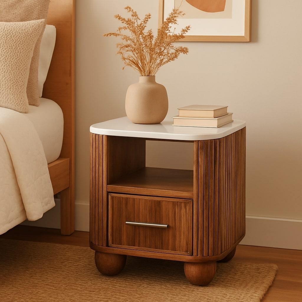 Solid Wood Bedside Table with Marble Top.