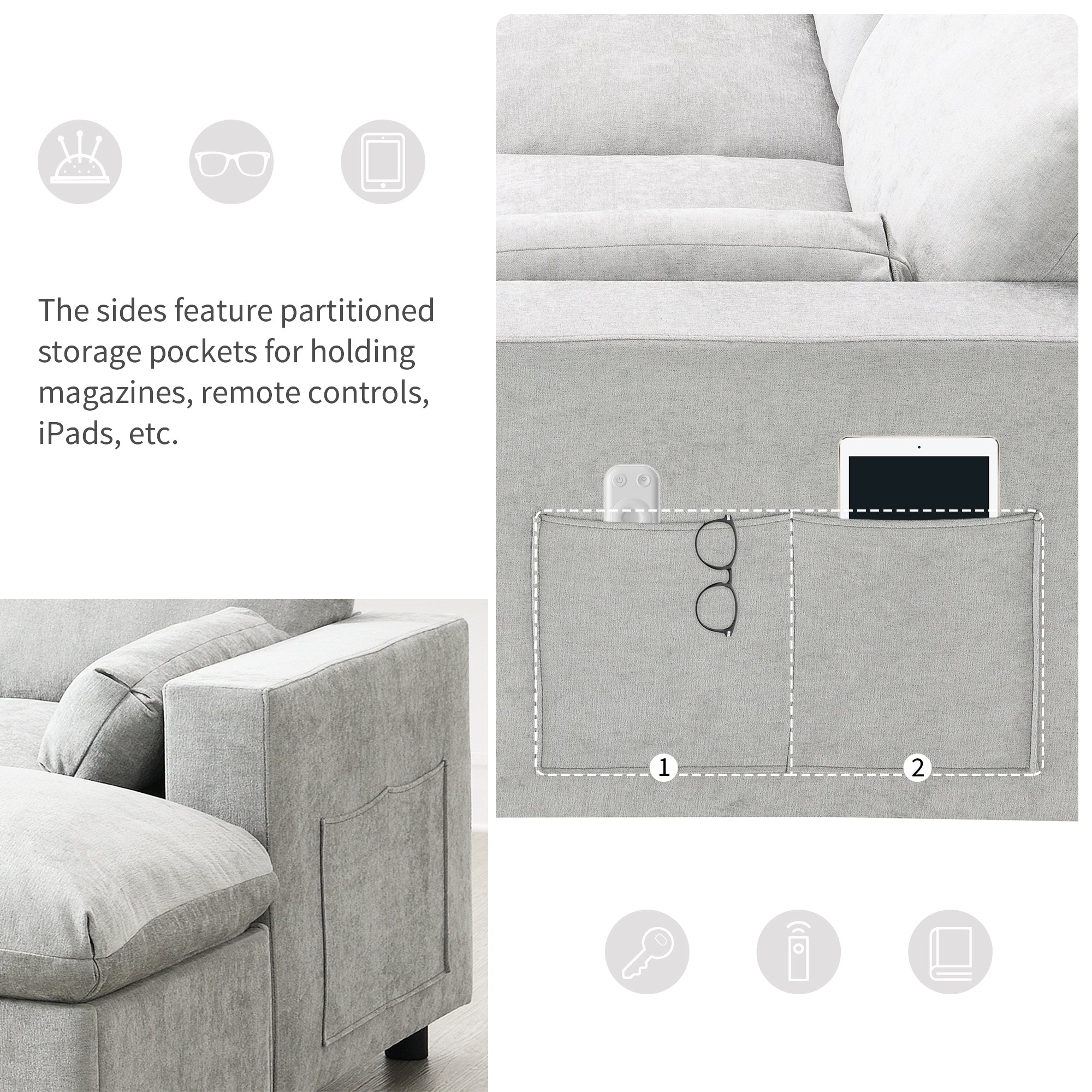 Chenille Modular Sofa - U-Shaped Couch with Storage includes side pockets for organizing remotes, tablets, and magazines for added convenience.