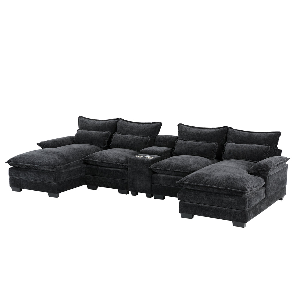 Angled view of Modern U-Shaped Sectional Sofa with Console & USB, showing plush cushions, console, and extended chaise lounges.