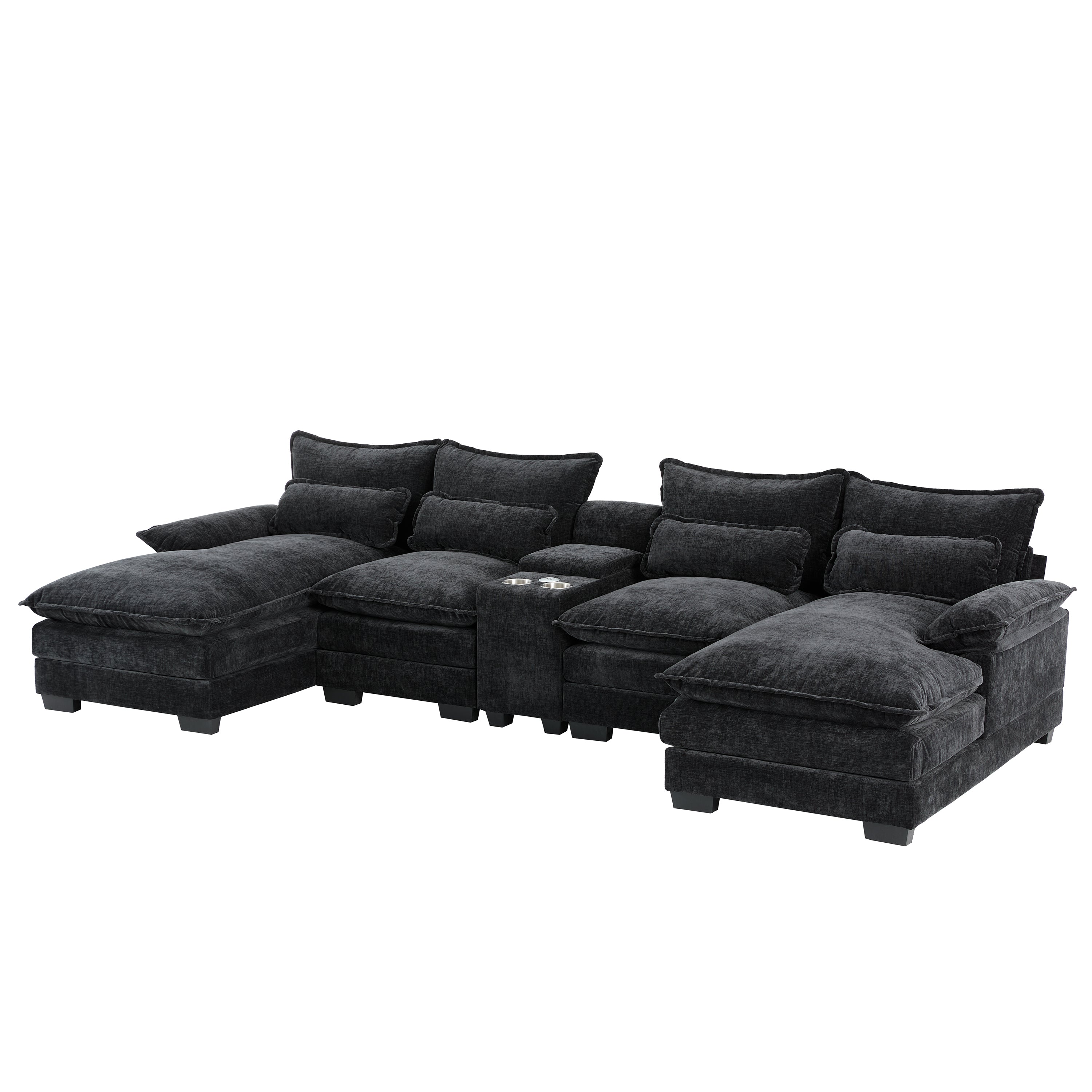 Angled view of Modern U-Shaped Sectional Sofa with Console & USB, showing plush cushions, console, and extended chaise lounges.