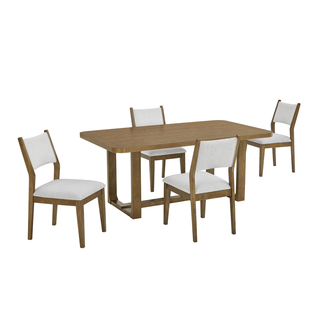 Darla 72-inch Walnut Oak Dining Set with sled base and 4 upholstered chairs. Sleek mid-century design ideal for contemporary dining spaces.
