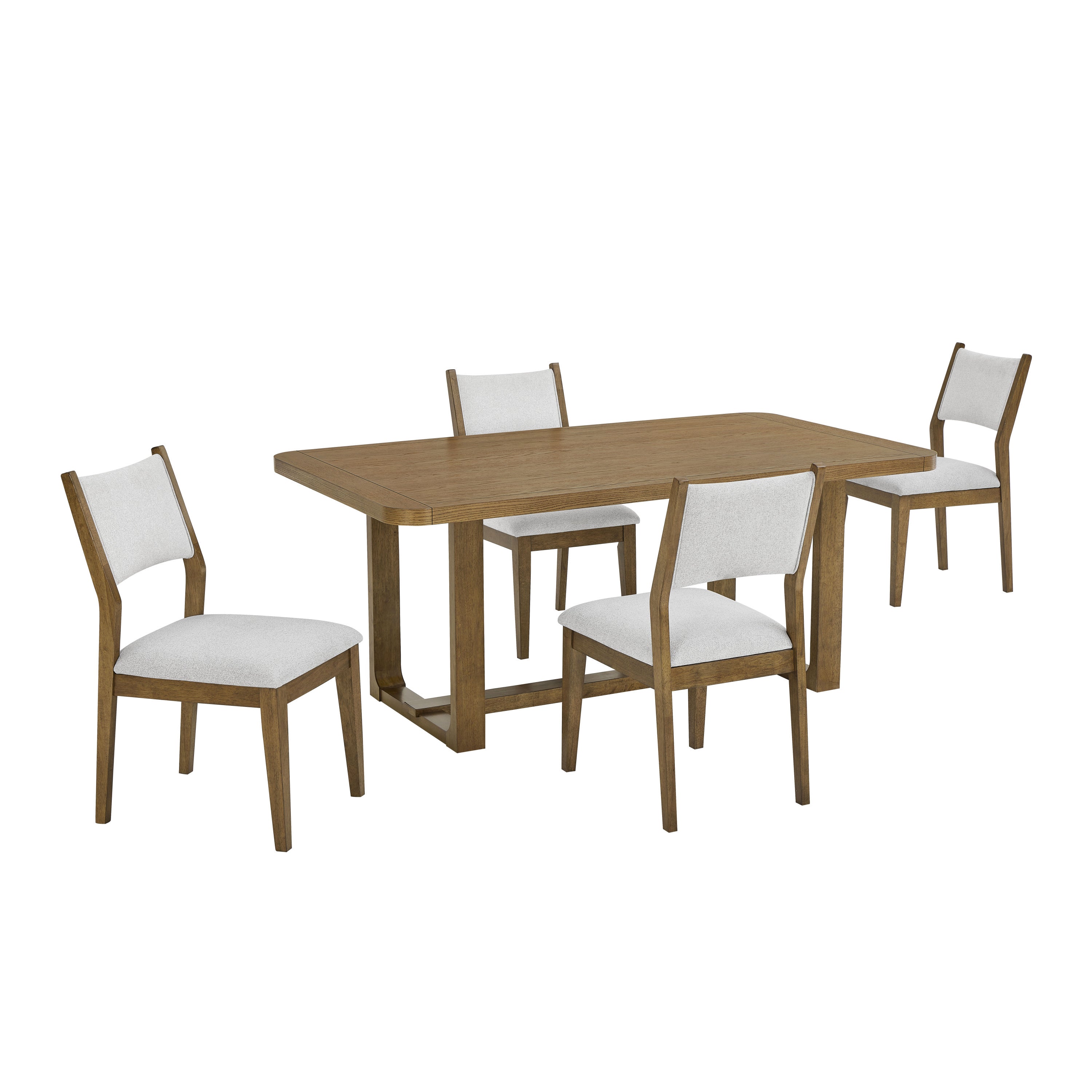 Darla 72-inch Walnut Oak Dining Set with sled base and 4 upholstered chairs. Sleek mid-century design ideal for contemporary dining spaces.
