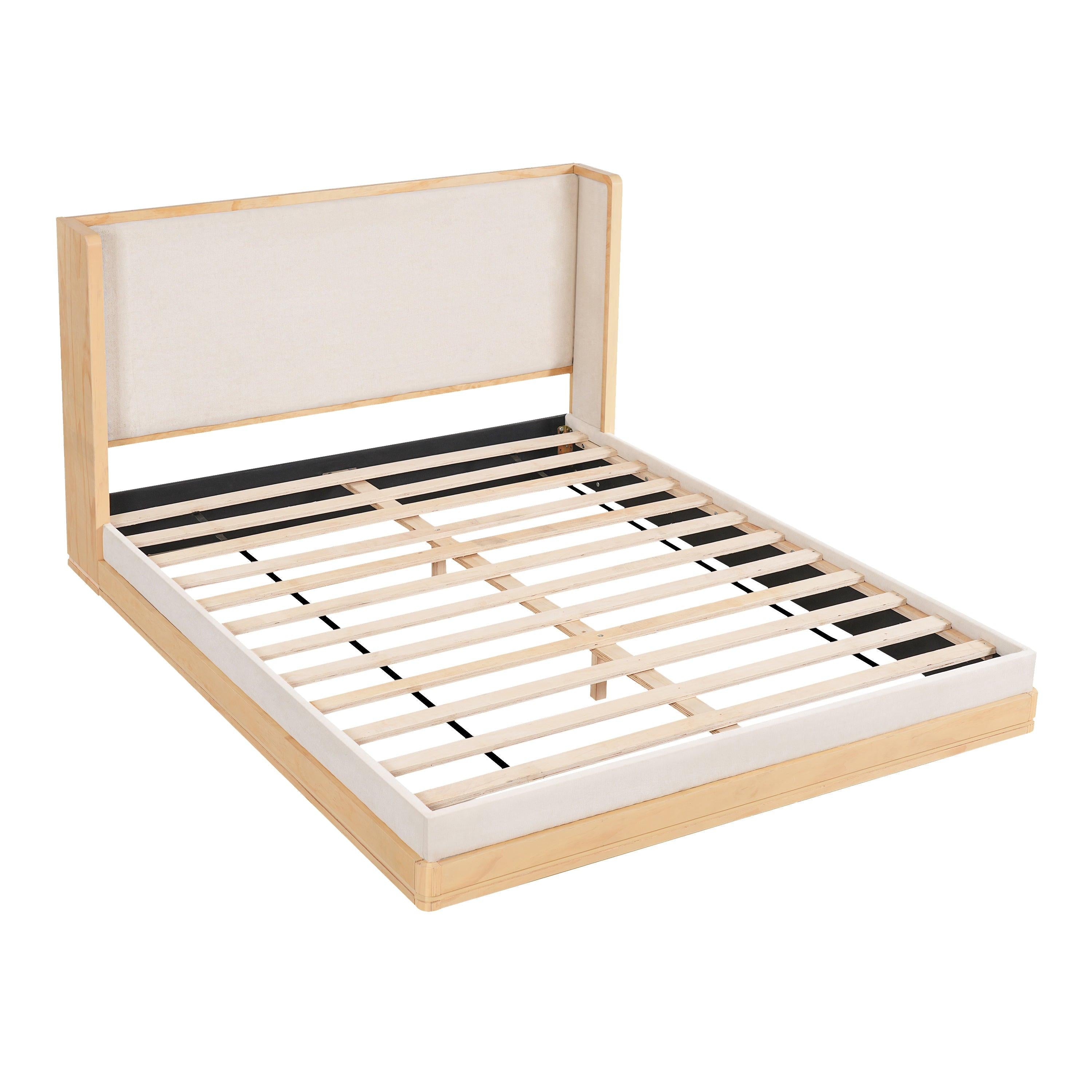 Mid-Century Modern Beige Upholstered Platform Bed.