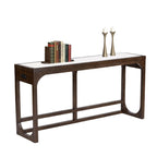 Dark walnut transitional sofa table with USB port, styled with books and candle holders. Ideal for modern or transitional home decor.