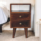 Solid Wood Mini Classic California Walnut Bedside, 2-Drawers, 1 Open Shelf, Nordic Legs, Dark Brown