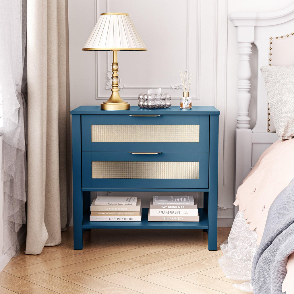 Boho Nightstand with 2 Drawers and Storage Shelf.