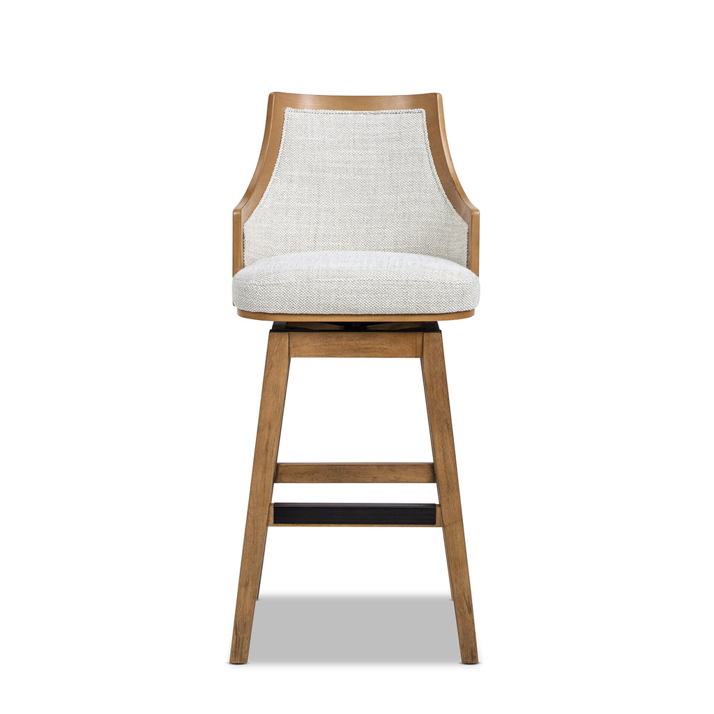 Front view of Bahama 30' Cane Rattan Swivel Bar Stool with high-back support and soft gray polyester wool blend seat for comfort and elegance.