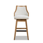 Front view of Bahama 30' Cane Rattan Swivel Bar Stool with high-back support and soft gray polyester wool blend seat for comfort and elegance.