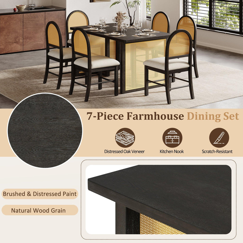 TREXM 7-Piece Farmhouse Dining Table Set for 6 - 59.8' Rectangular Dining Table with Distressed Oak Veneer and 6 Rattan Chairs, Rustic Kitchen Furniture for Dining Room(Espresso).