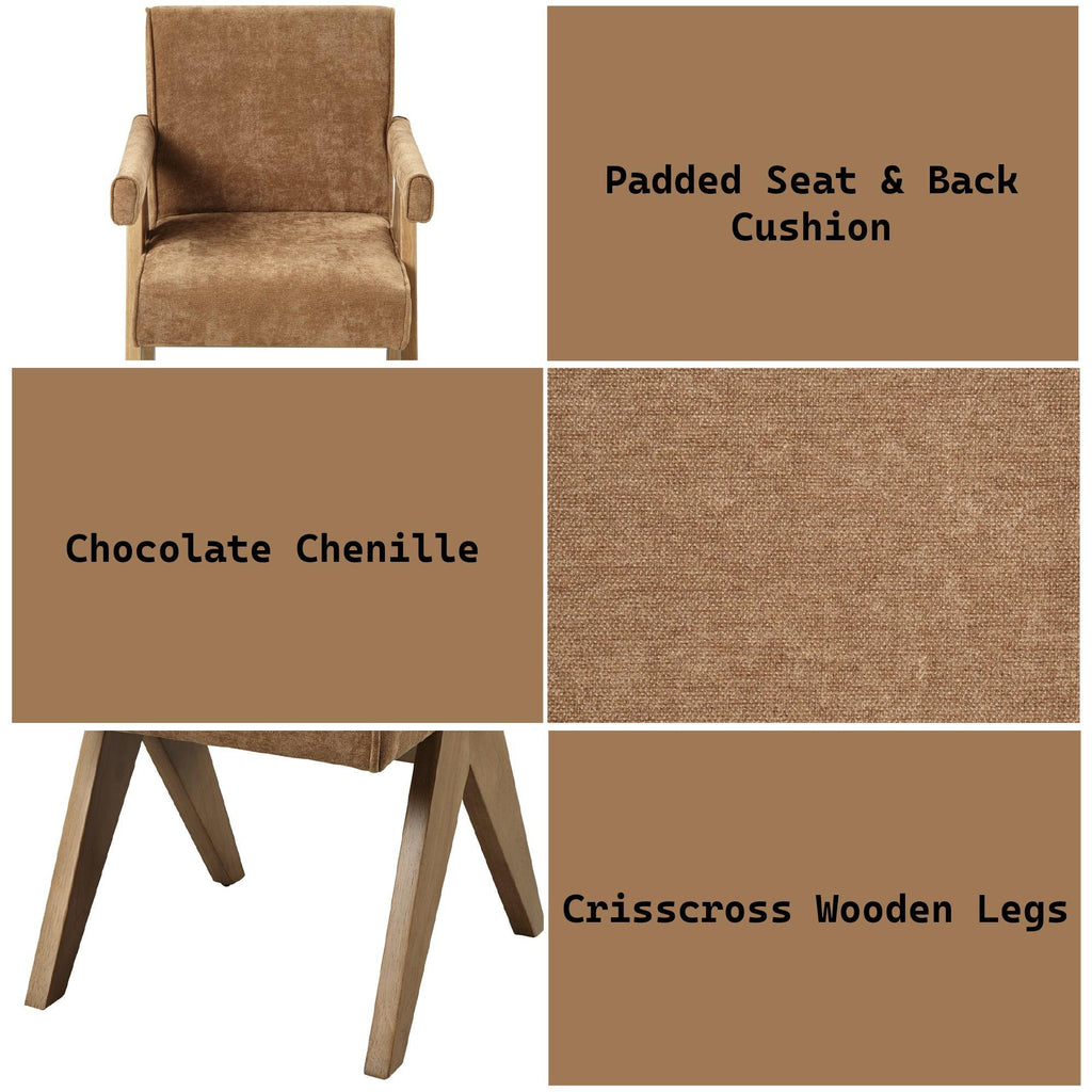 Chocolate Chenille Arm Chairs with Oak.