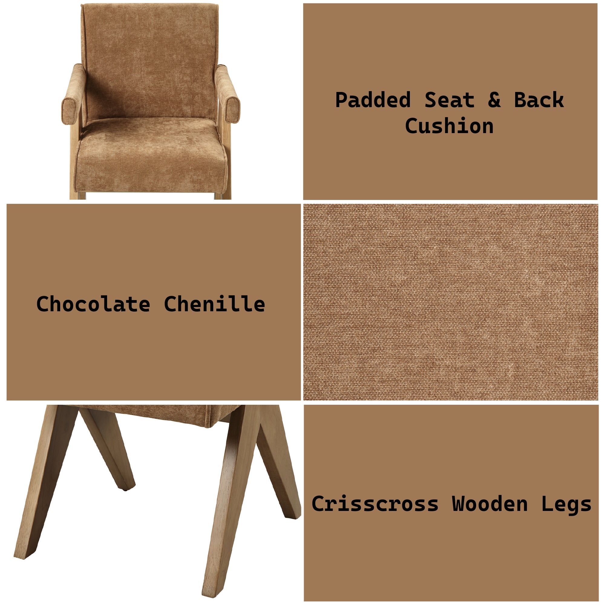 Detail collage of Zoey Chocolate Chenille Chair highlighting padded seat, crisscross oak legs, and soft chenille fabric.