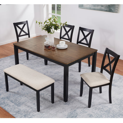 6-Piece Dining Table Set with Bench, Classic Wooden Dining Table Set for 6, Timeless Farmhouse 6-Person Dining Table Set for Dining room, Kitchen, Black & Oak two tone
