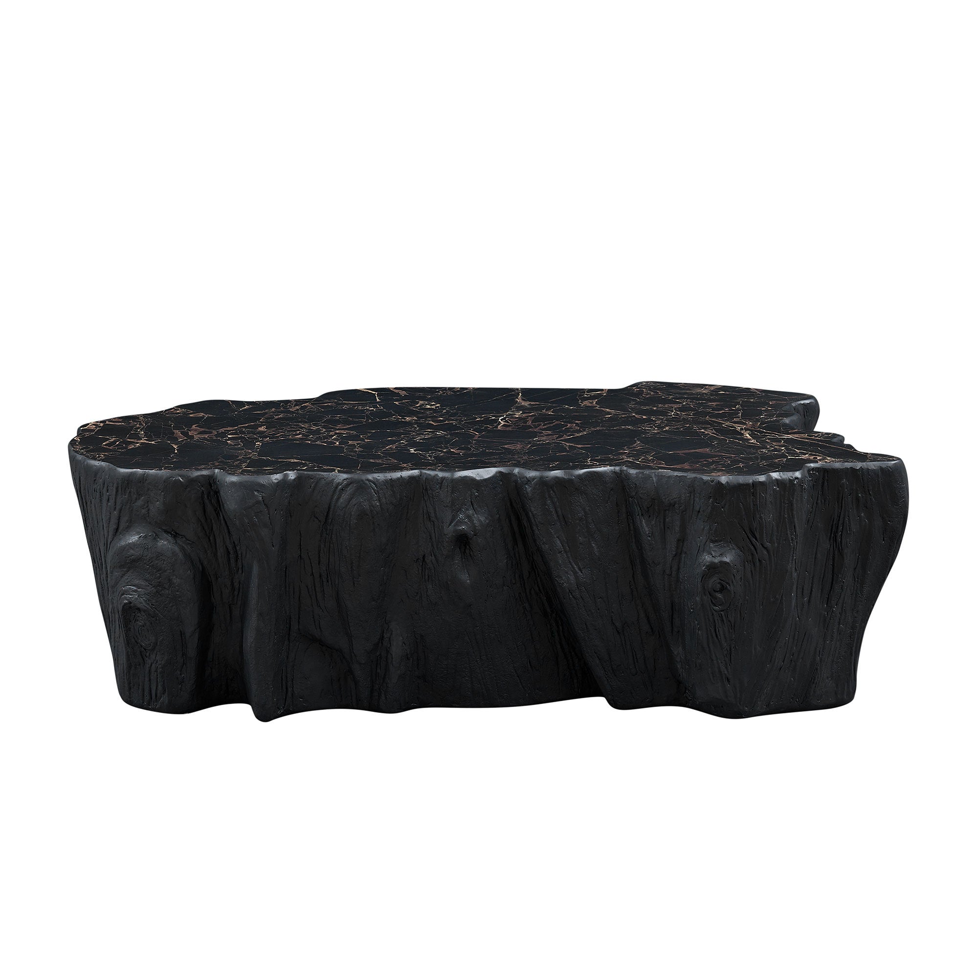 Mid-century modern fiberglass coffee table with black marble-like top and tree trunk texture, ideal for stylish living rooms with no assembly needed.