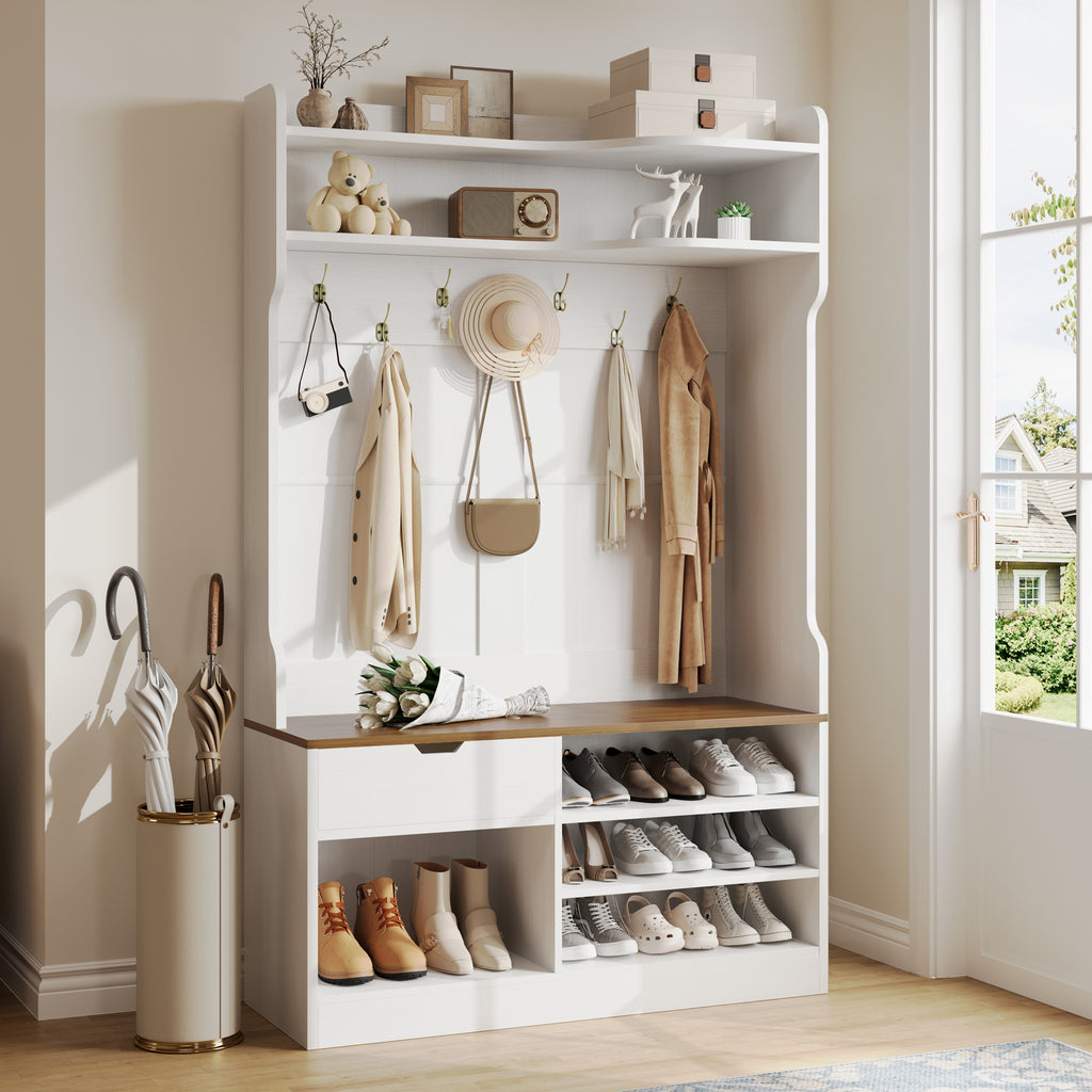 Country white hall tree with bench, 7 hooks, drawer, and 3-layer shoe storage shelves, set in a bright entryway.
