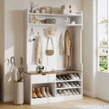Country white hall tree with bench, 7 hooks, drawer, and 3-layer shoe storage shelves, set in a bright entryway.