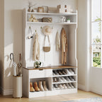 Country white hall tree with bench, 7 hooks, drawer, and 3-layer shoe storage shelves, set in a bright entryway.