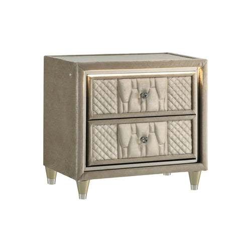 Camel-colored, velvet-upholstered 2-drawer nightstand with quilted panels, crystal knobs, LED lighting, and USB ports.