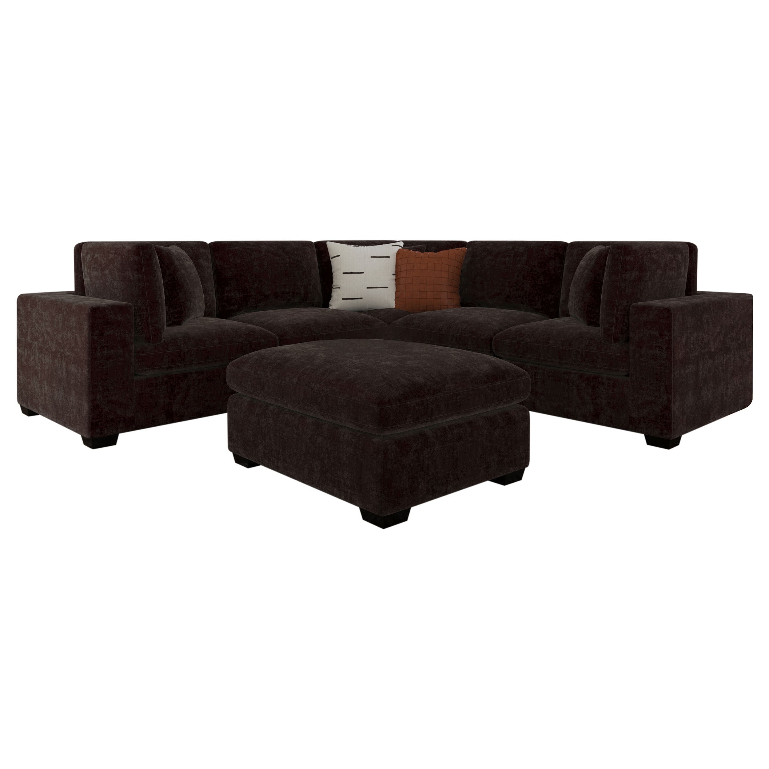 Dark chocolate 6-piece upholstered modular sectional with matching ottoman, black feet, and two decorative throw pillows.