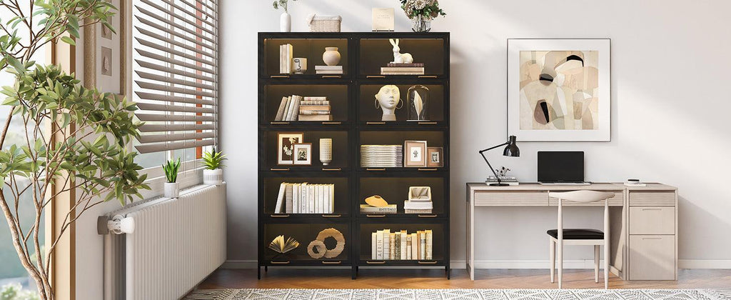 Iron Display Cabinet with Glass Doors - 5-Tier Bookcase.