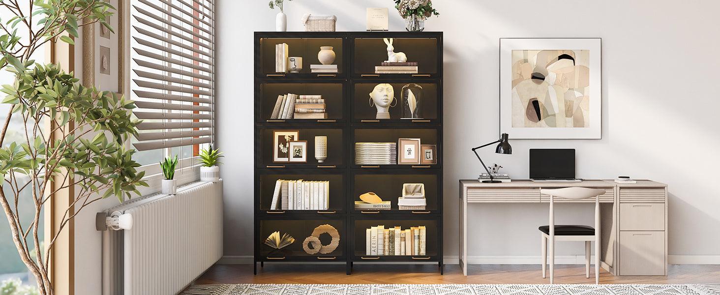 Iron Display Cabinet with Glass Doors - 5-Tier Bookcase.