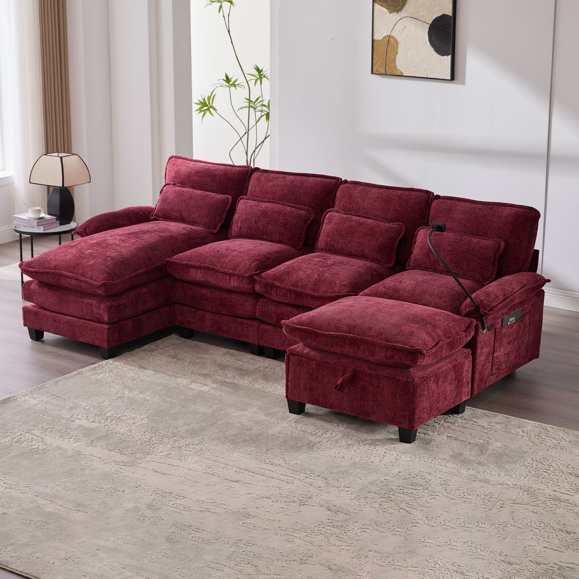 106" Wine Red U-Shape Sectional Cloud Sofa with Ottoman, Chaise Lounge & Storage | Chenille Sleeper Sectional with USB Charging