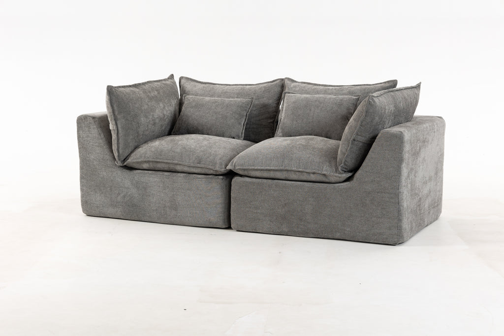 Cloud Couch 2-seat modular sectional in grey velvet fabric, featuring deep seating and soft cushions for maximum comfort.