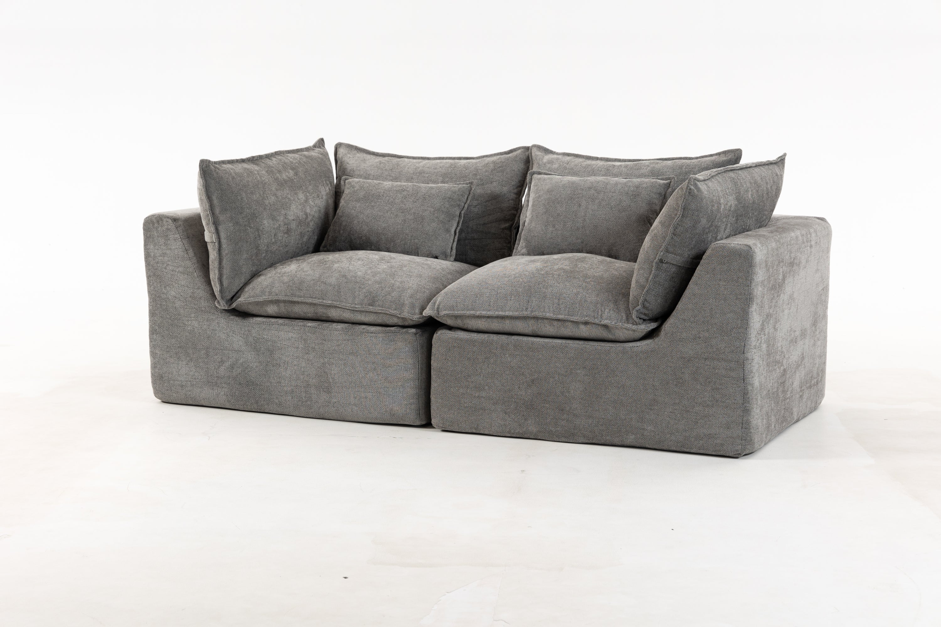 Cloud Couch 2-seat modular sectional in grey velvet fabric, featuring deep seating and soft cushions for maximum comfort.