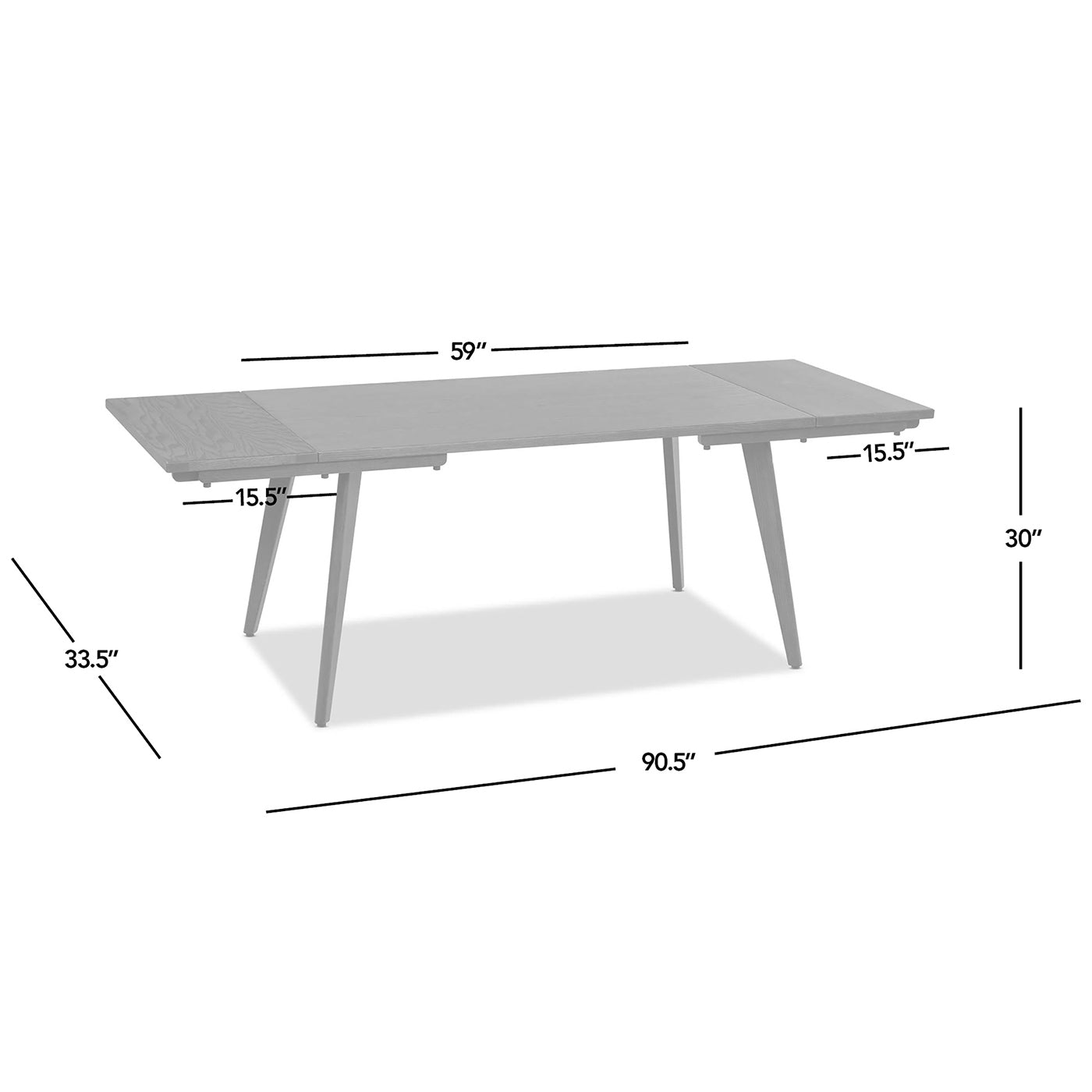 Measurement diagram of Oak Extendable Dining Table showing full extension to 90.5 inches and detailed leaf dimensions.