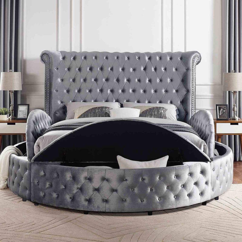 Gray Velvet Round Storage Bed with USB Ports and Features.