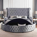 Gray Velvet Round Storage Bed with USB Ports and Features.