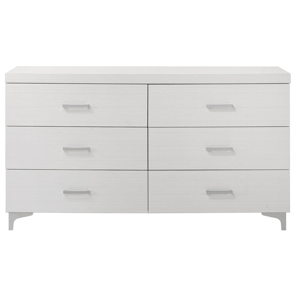 Contemporary white dresser with 6 drawers and chrome legs, ideal for modern bedroom storage solutions.