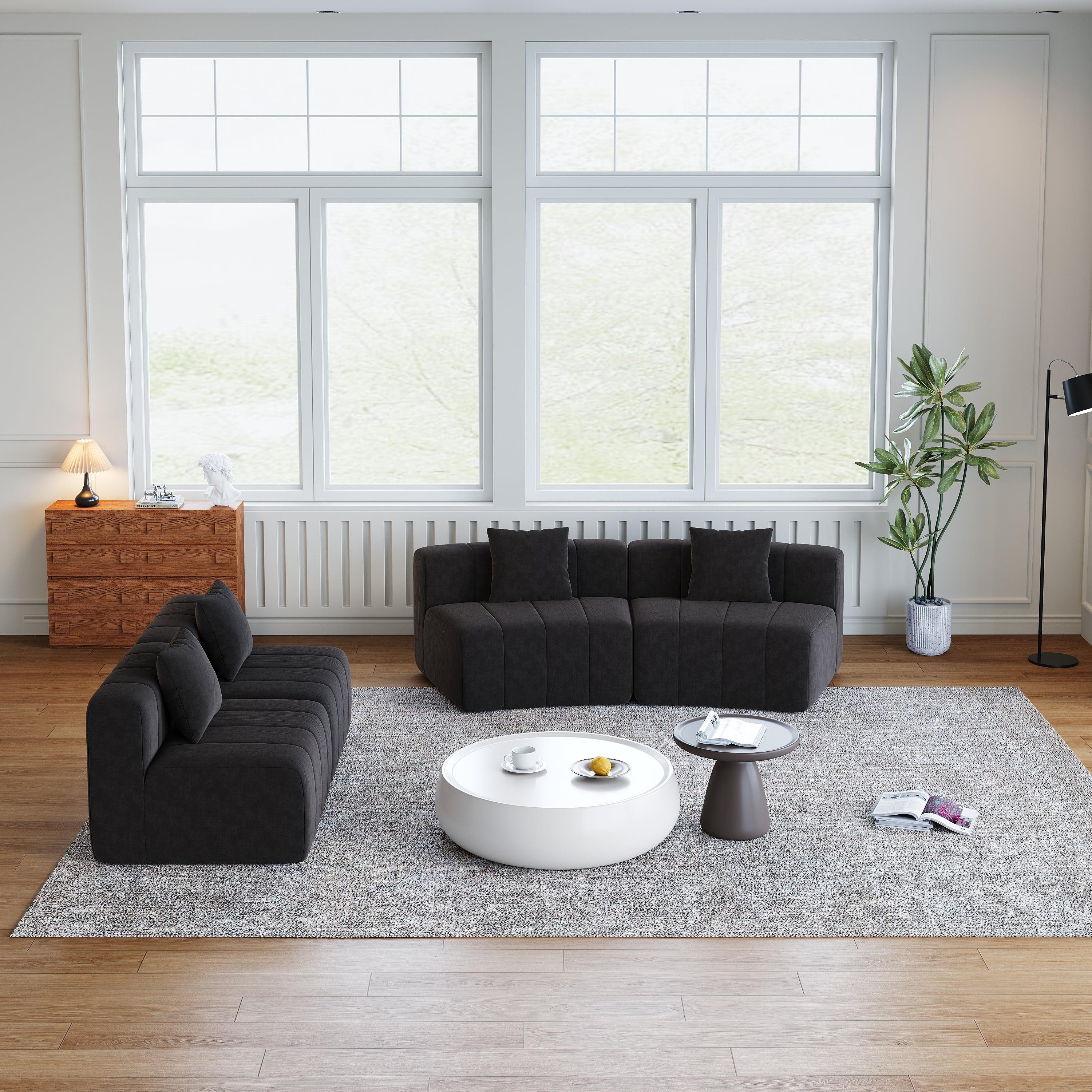 Chenille Curved Sectional Sofa with 4 Pillows.