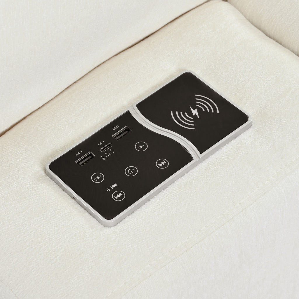Detail of smart control panel on Modular Sofa with USB ports, wireless charging, and media controls for convenience.