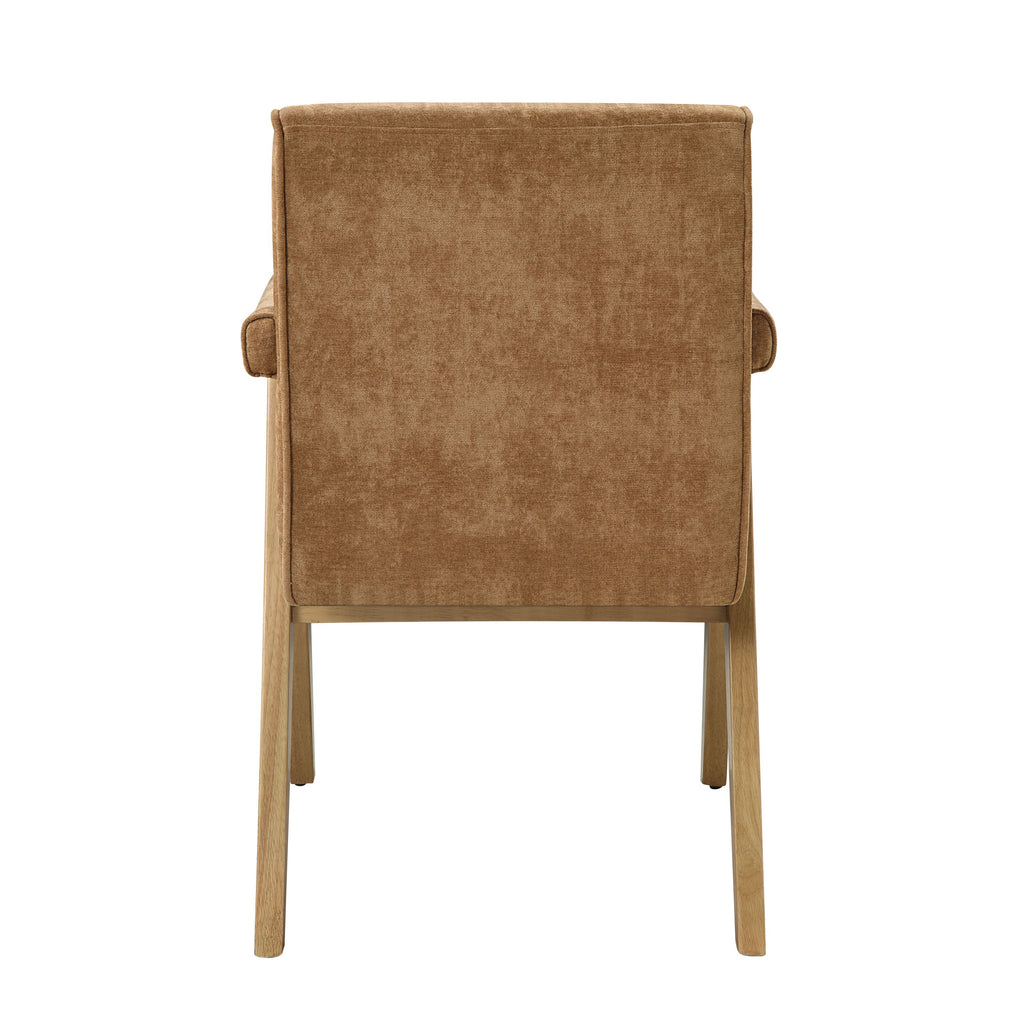 Back view of Zoey Dining Set arm chair with chocolate chenille fabric and wooden legs. Matches side chair design.